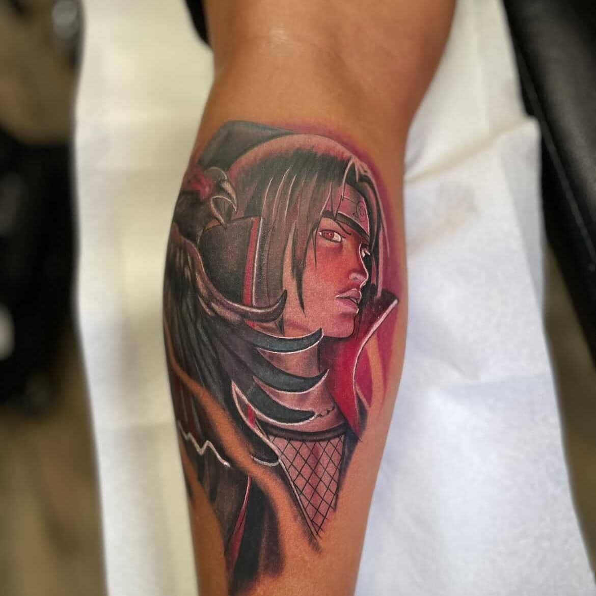 Colorful anime character tattoo on forearm
