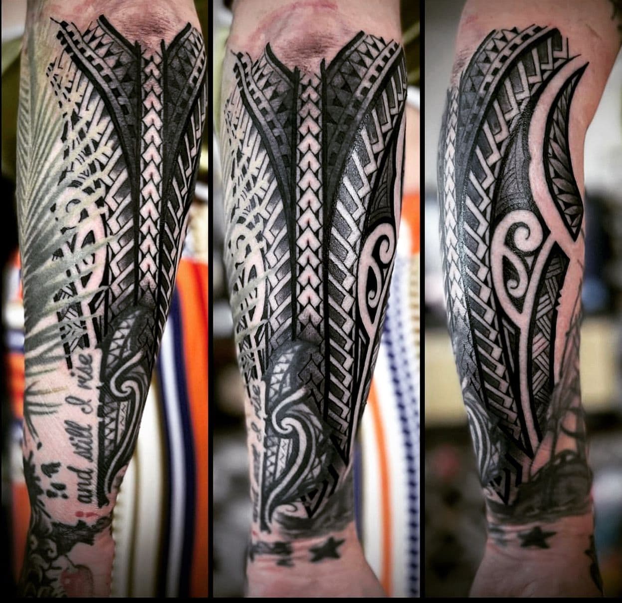 Black and grey tribal pattern tattoo on forearm